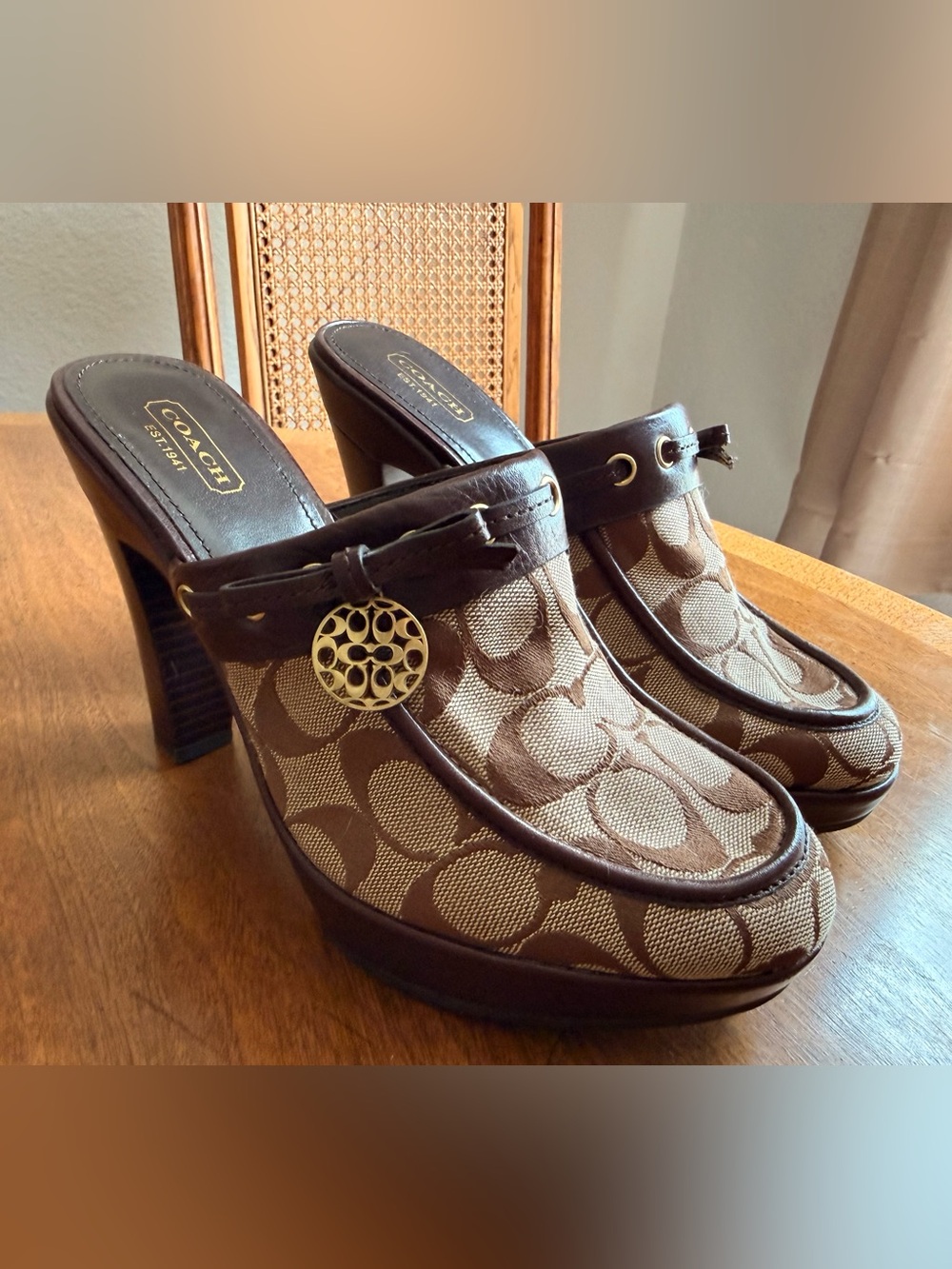 Coach Brown Signature Canvas Mule Heels with Gold Medallion